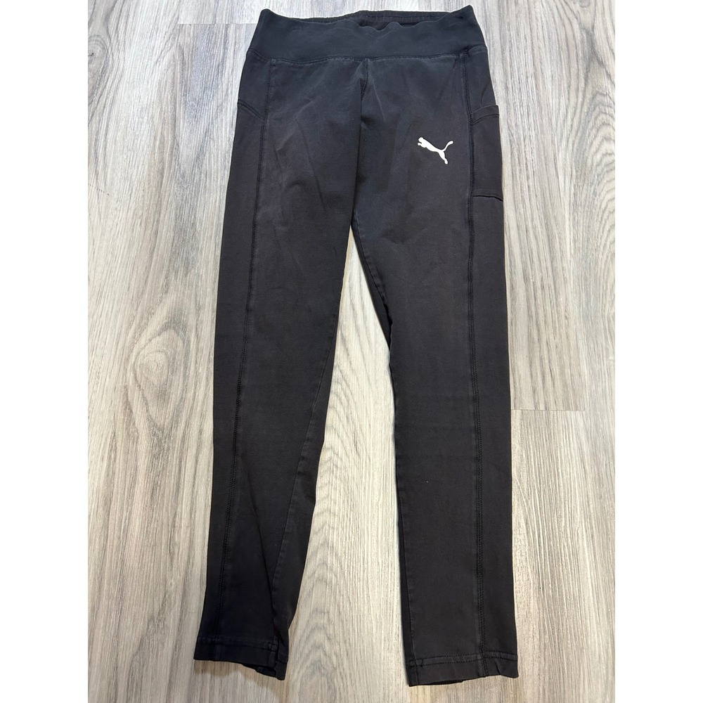 Puma Womens Black‎ Athletic Leggings Side Pockets White Cat Logo Size S Small